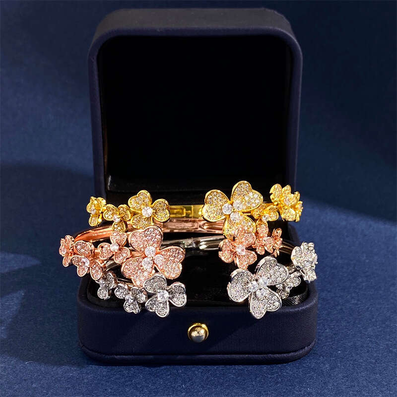2025 European-American Style Clover Bracelet, Full-Diamond 7-Flower Design, Adjustable Open Bangle, Ins Trendy Jewelry, FK806350348 (Platinum/Gold/Ros