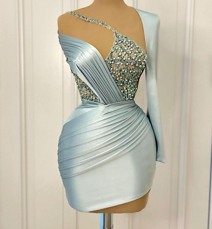 Chic Light Sky Blue Sheath Cocktail Dress Satin Pearls Sequined Short Mini Graduation Homecoming Dresses For Special Occasions Sweetheart Gowns
