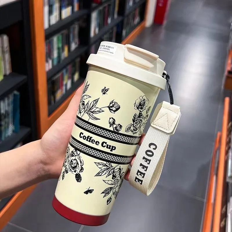 Designer Water Bottle Luxury Crystal Girls Portable Double Wall Vacuum Coffee Cups Travel Mug Stainless SteelThermos Tumbler with Handle Black