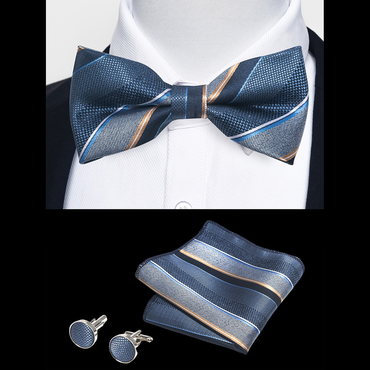 Hi-Tie Classic Black Bow Ties for Men 100% Silk Pre-Tied Bow Tie Pocket SqUAre Cufflinks Suit Set Floral Gold Bowties 220506