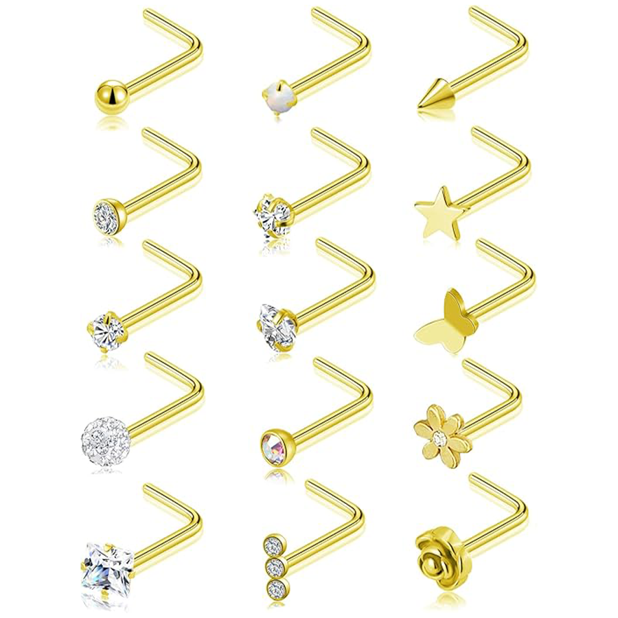 15Pcs G23 Titanium Nose Rings Stud L Shaped Star Heart CZ Flower Butterfly Ball Nose Stud Pure Titanium Nostril Piercing Jewelry for Women Men 20G Gol