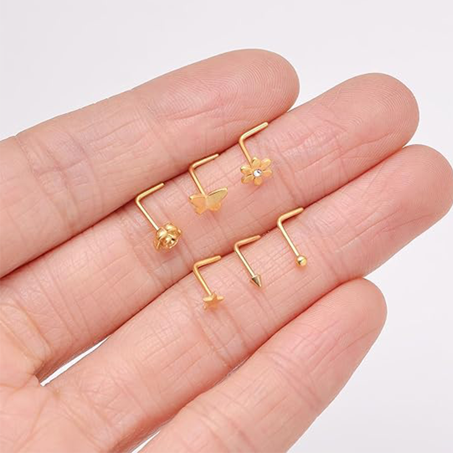 15Pcs G23 Titanium Nose Rings Stud L Shaped Star Heart CZ Flower Butterfly Ball Nose Stud Pure Titanium Nostril Piercing Jewelry for Women Men 20G Gol