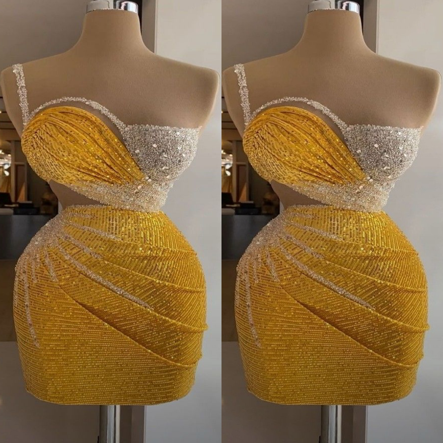 Chic Yellow Sheath Cocktail Dress One Shoulder Beaded Sequined Short Mini Graduation Homecoming Dresses For Special Occasions Sweetheart Gowns