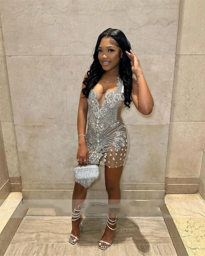 Sexy Sparkly Black Diamonds Beads Short Cocktail Dresses Glitter Crystal Rhinestone Homecoming Party Prom Club Gowns B0313