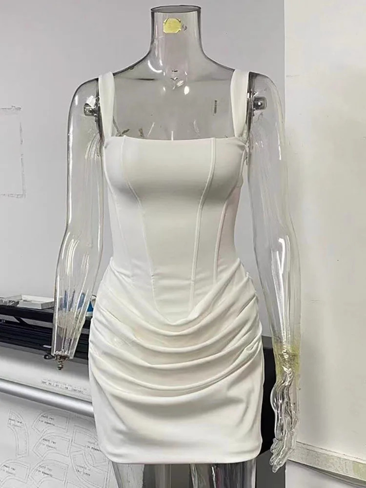 Mozision Backless Ruched Sexy Mini Dres Elegant Tapered Straps Square Collar Sleeveless High Waist Club Party Dress 250903