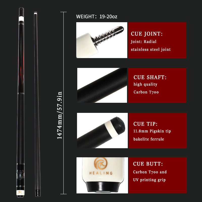 OKHEALING 1/2 Split Pool Cue Carbon Fiber Billiard Cue Stick 11.8mm Tip Radial Pin / 8 Teeth Joint 1474mm/58inch Weight Adjust 19Oz Billiard Stick