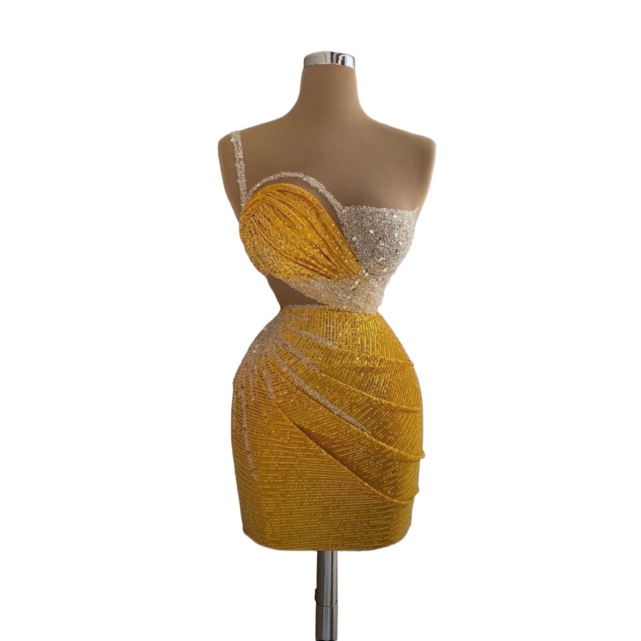 Chic Yellow Sheath Cocktail Dress One Shoulder Beaded Sequined Short Mini Graduation Homecoming Dresses For Special Occasions Sweetheart Gowns