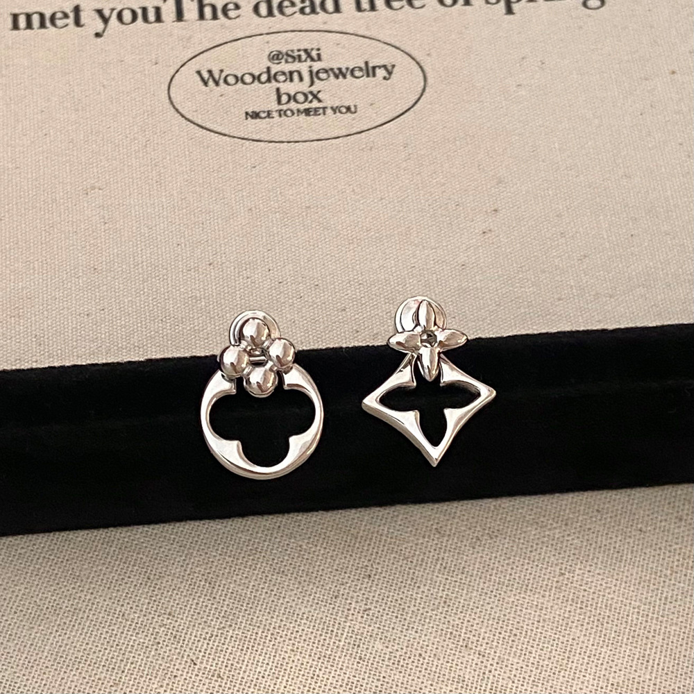 Gold - Toned Asymmetrical Stud Earrings with Floral & Geometric Designs, Chic Elegant Jewelry for Daily or Stylish Looks