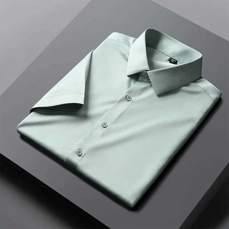 summer elastic thin short sleeve shirts for men slim fit formal plain shirt soft office black white clothes wrinkle free tops X250903