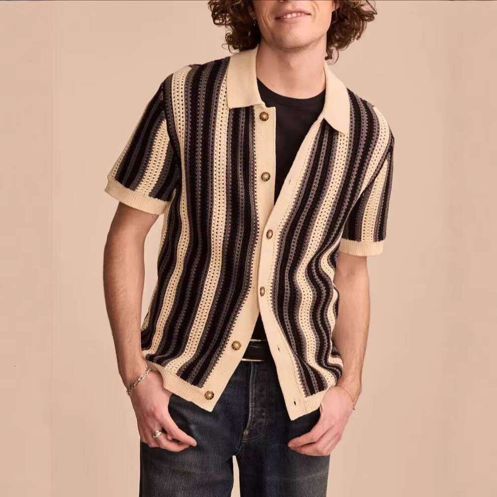 Men's Summer Casual Striped Skeleton Knit Short Sleeve Polo Shirt Comfortable Breathable Made by Viscose Fiber Manufacturer