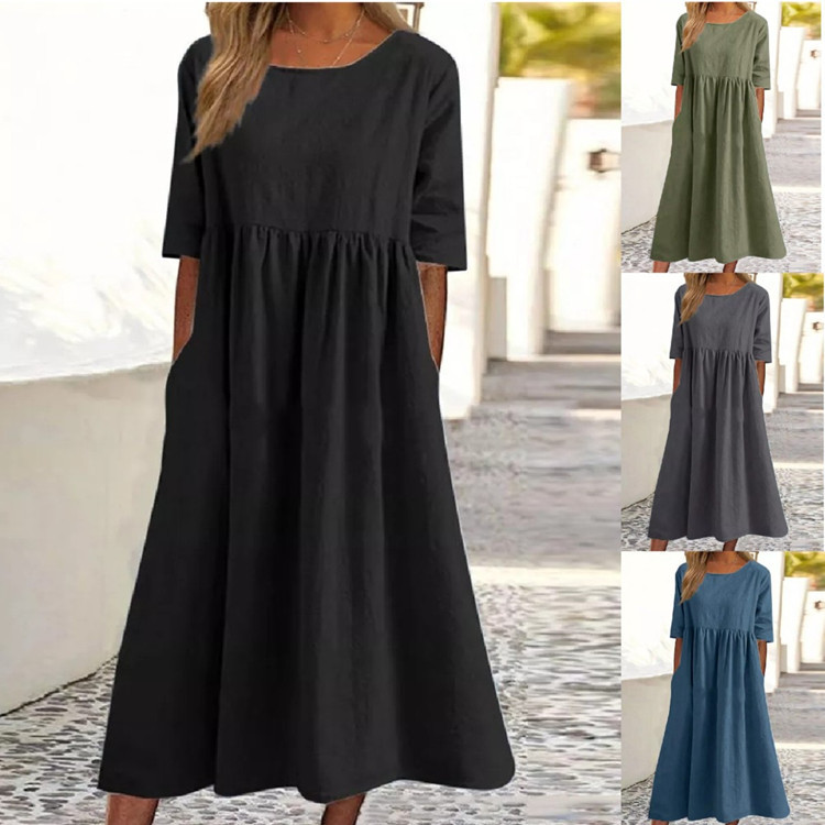 H830New spring and summer round neck 5-point sleeve large size casual loose long solid color cotton and linen dress
