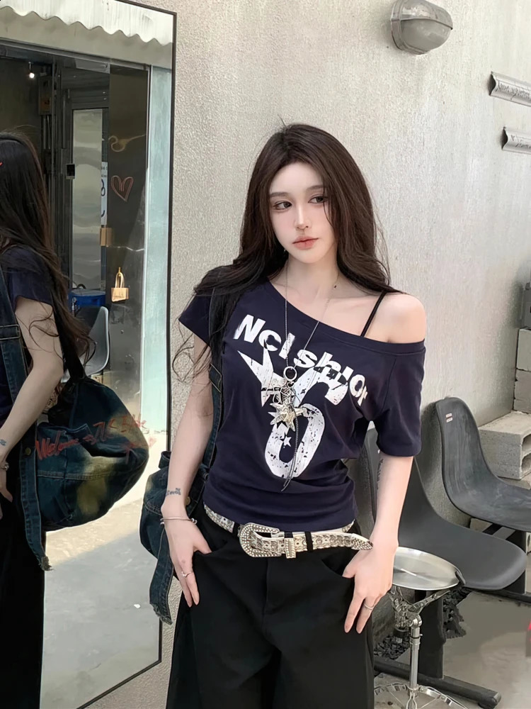 Y2k Sport Summer Off shoulder Top Women Sexy Vintage 2000s Short sleeve T shirt Lady Body Basic Crop Female Casual 250903
