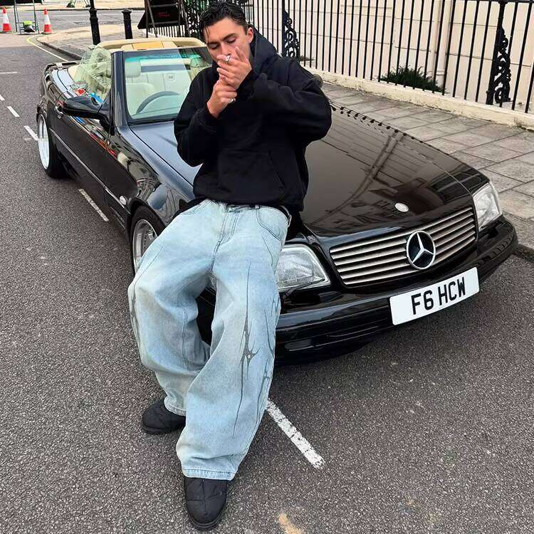 Wide-Leg Printed Denim Sweatpants Oversized Street Style Loose Track Pants Men's Jeans