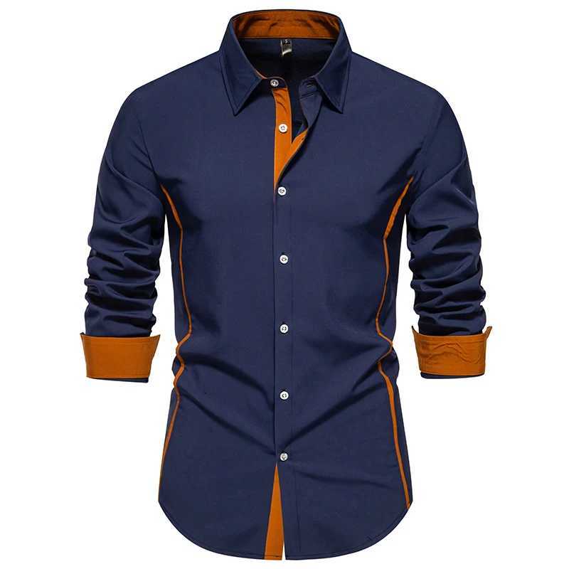 New Autumn Mens Color Block Long Sleeve Shirt Casual Business Solid Shirts Male Daily Office Work Top Shirts Party Dress Social X250903