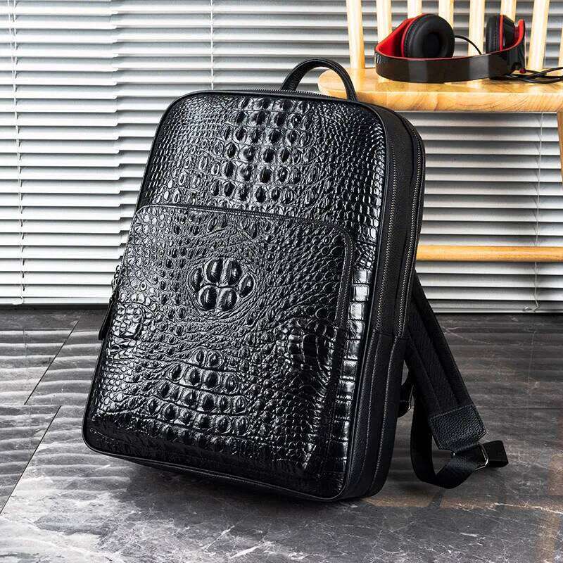 Genuine Leather Business Crocodile pattern Men Bags Large Laptop Bagpack Travel Backpack College Schoolbag