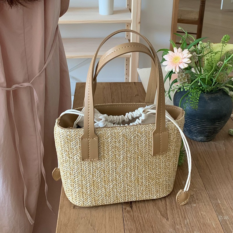 Casual Straw Beach Bag - Handwoven Wicker Bucket with Adjustable Strap for Summer
