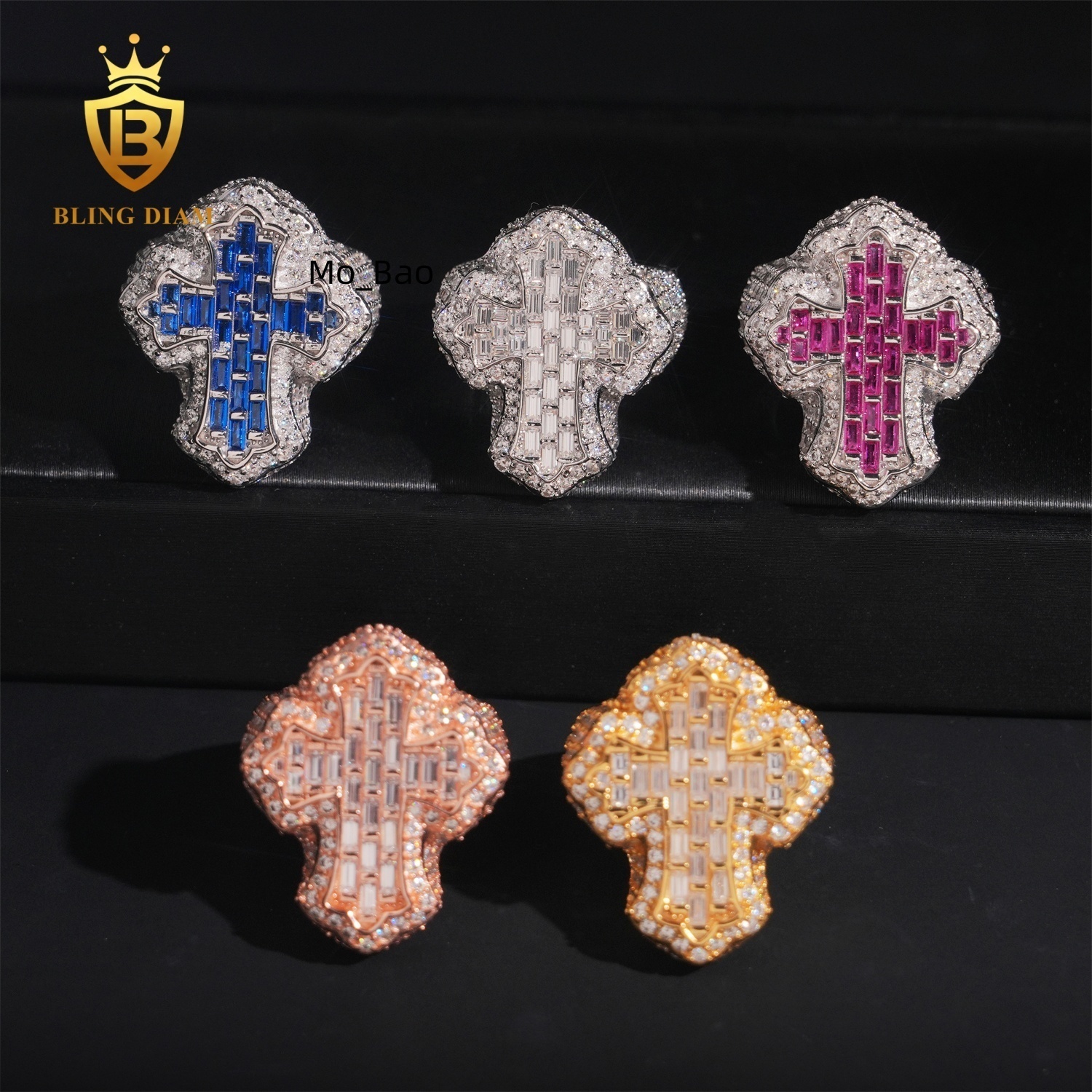 New Arrivals Wholesale Price Iced Out Jewelry Hip Hop Baguette Sapphire Corundum 925 Silver VVS Moissanite Ring