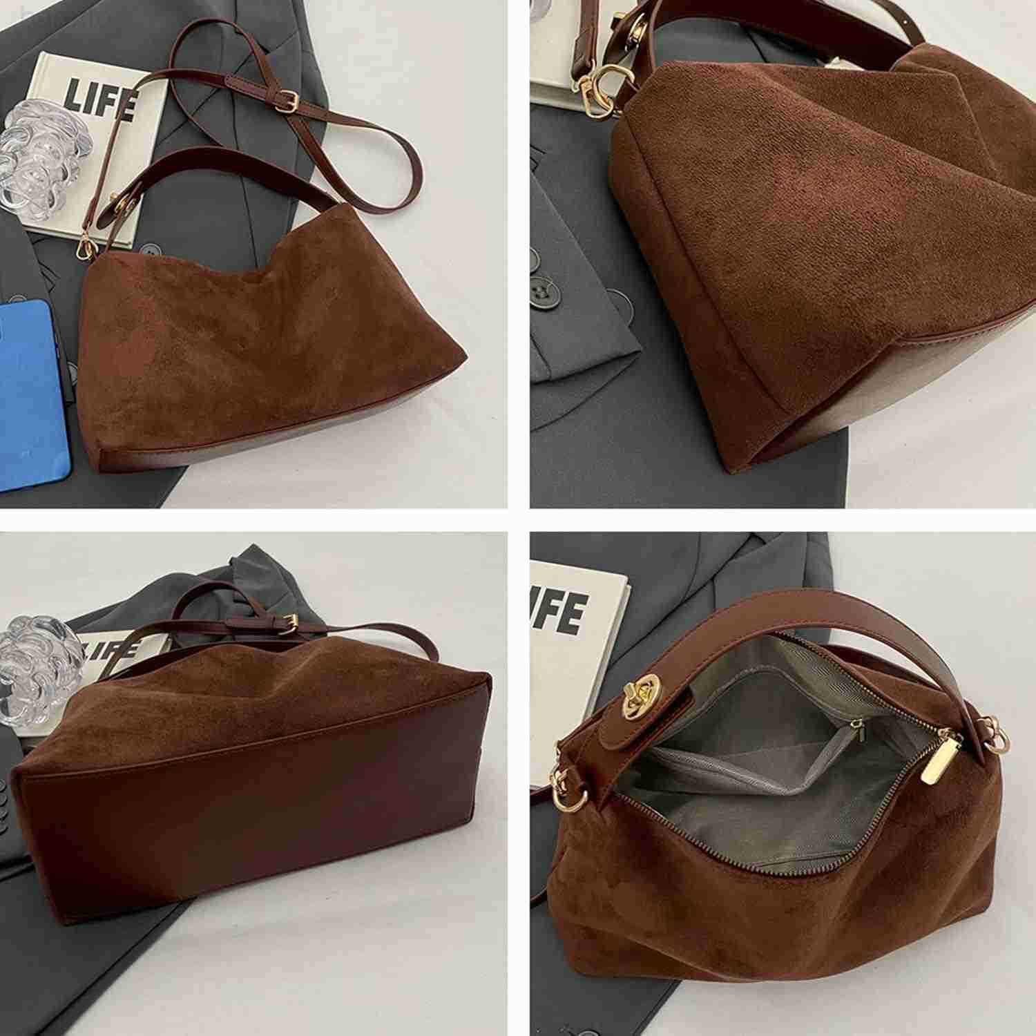 Suede Shoulder Bags For Women Crossbody Bag Suede Tote Bag Satchels Slouchy Work Purses Crescent Handbag Fall Top Handle M250903