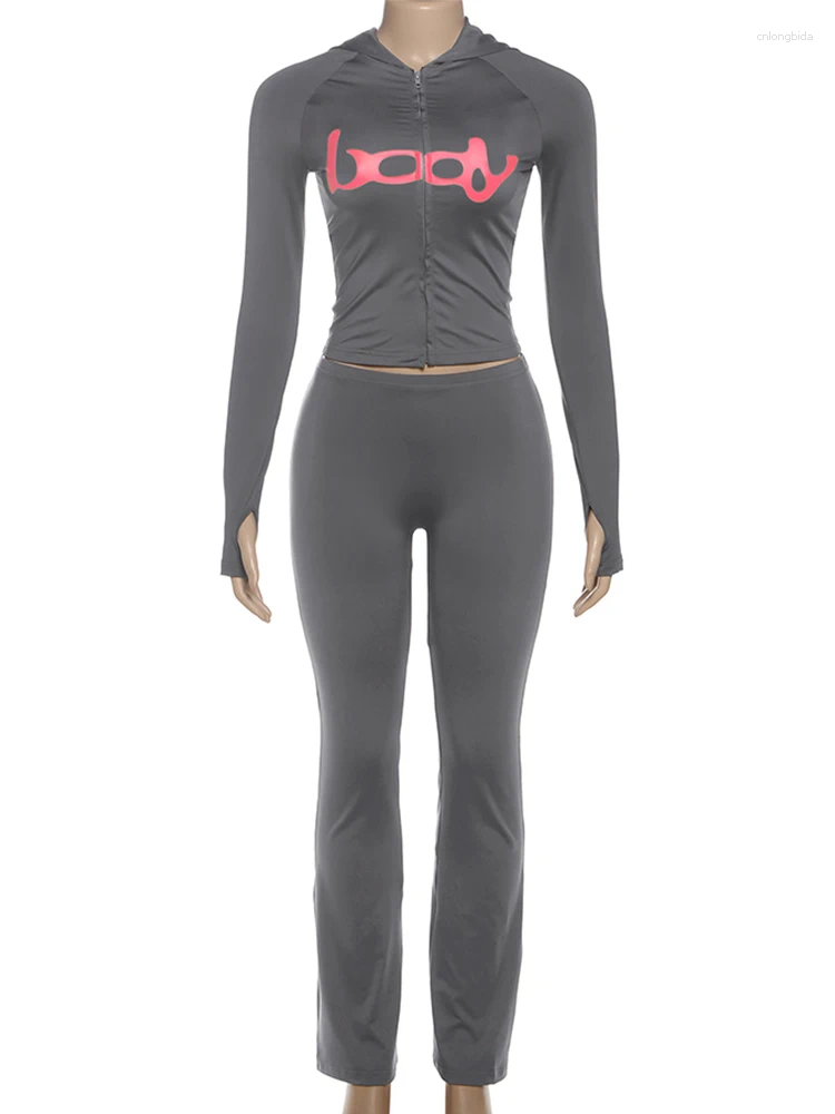 BODY Women's Two Piece Pants Weird Puss Letter Print 2 Set Women Tracksuit Hooded Jacket Leggings Matching Stretch Streetwear Casual Sporty