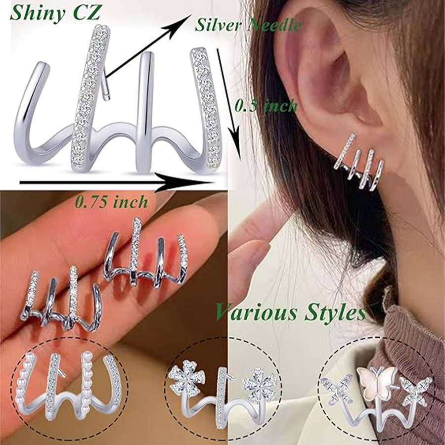 4 Pairs Claw Ear Cuffs Zircon Pierced Needle Stud Earrings Minimalist Ear Wrap Butterfly Pearl Piercing Claw Earrings for Women Silver Tone