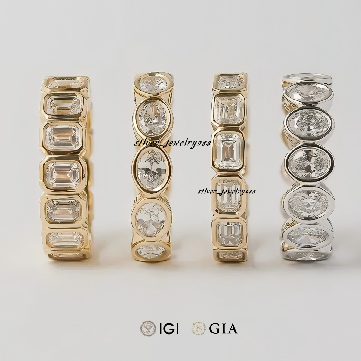 Igi Certified Lab Grown Diamond Emerald Oval Cut Bezel Eternity Band Rings 18k 14k Pure Gold Synthetic Diamond Ring