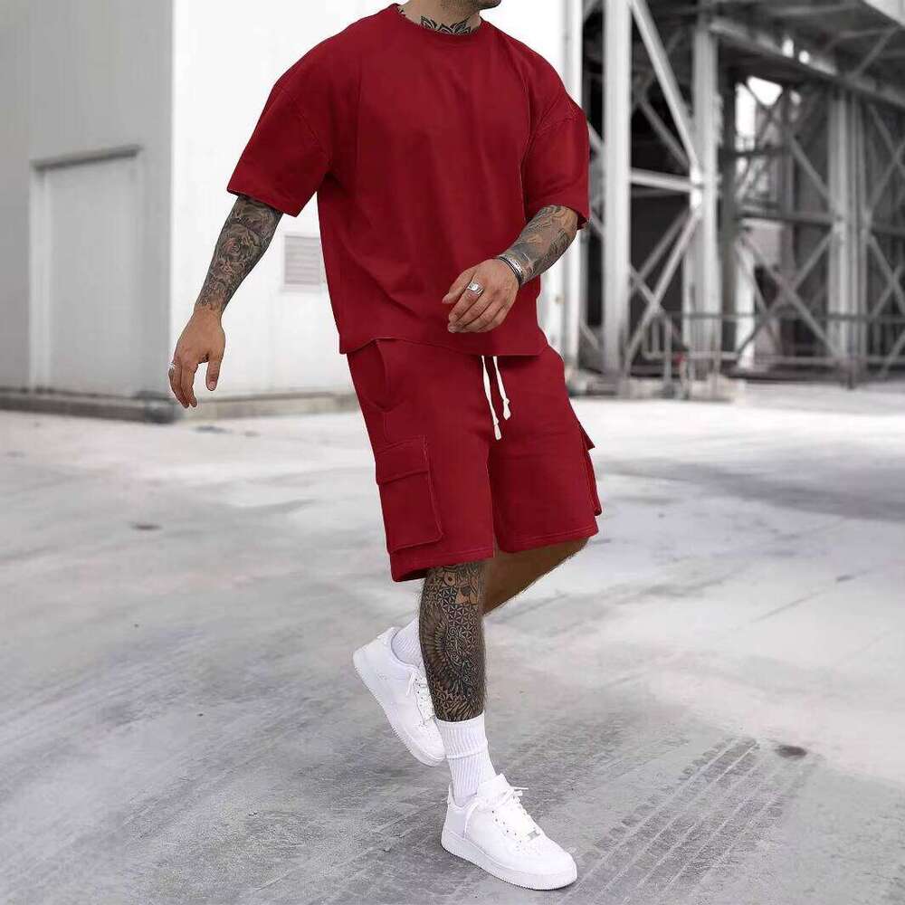 Clothing Round Neck Short Sleeve T-shirt Drawstring Pocket Shorts Set Men's Sportswear