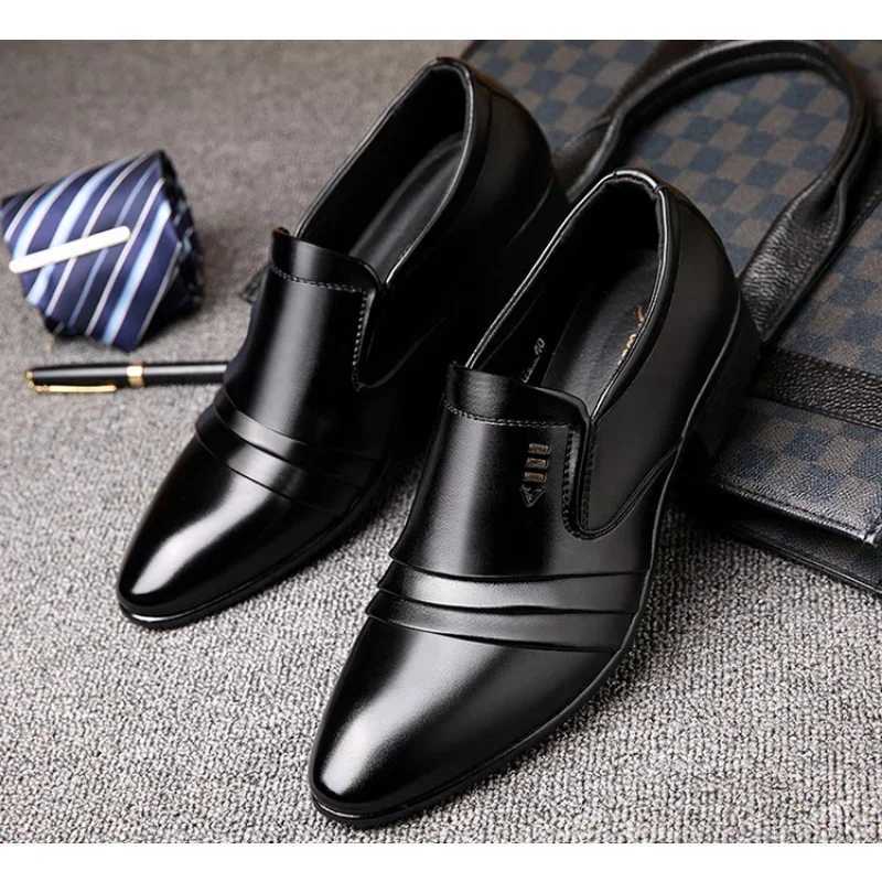 Mens PU Leather Fion Men Business Dress Loafers Pointy Black Oxford Breathable Pointed Formal Wedding Shoes Y250903