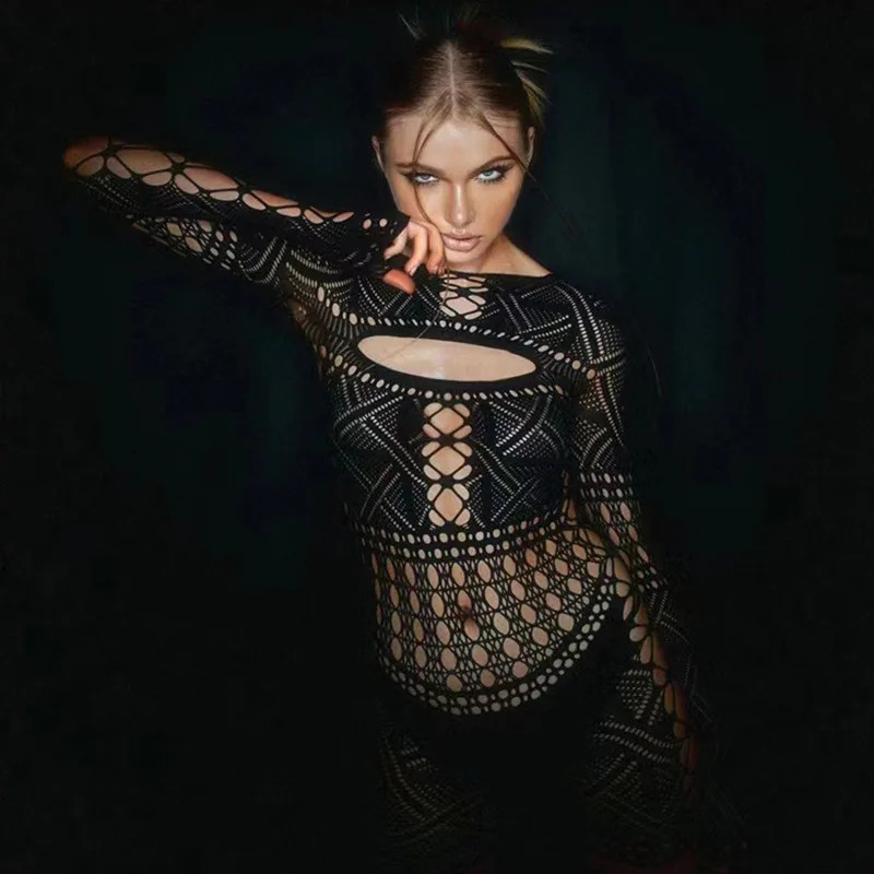 Sex Dress Jumpsuit with hollowed out tight lace and sexy hip hugging skirt casual womens long dresses daring lingerie woman xxx 250903