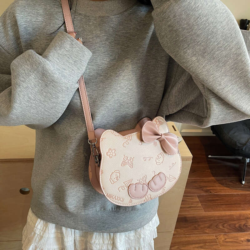 DHpet_wholesale Women's Cat Embossed Bow Bag - Cute Circle Crossbody Purse for Girls, Sweet Shoulder Bag with Zip Closure for Daily Use