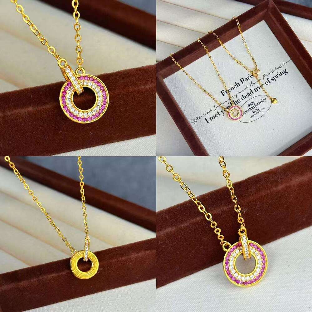 DHpet 2025 New Retro Gold Tang-Style Necklace - Copper Plated, Ruby Interlocking Design, Diamond-Accented Donut Pendant, Collar Chain, Gaojian Brand