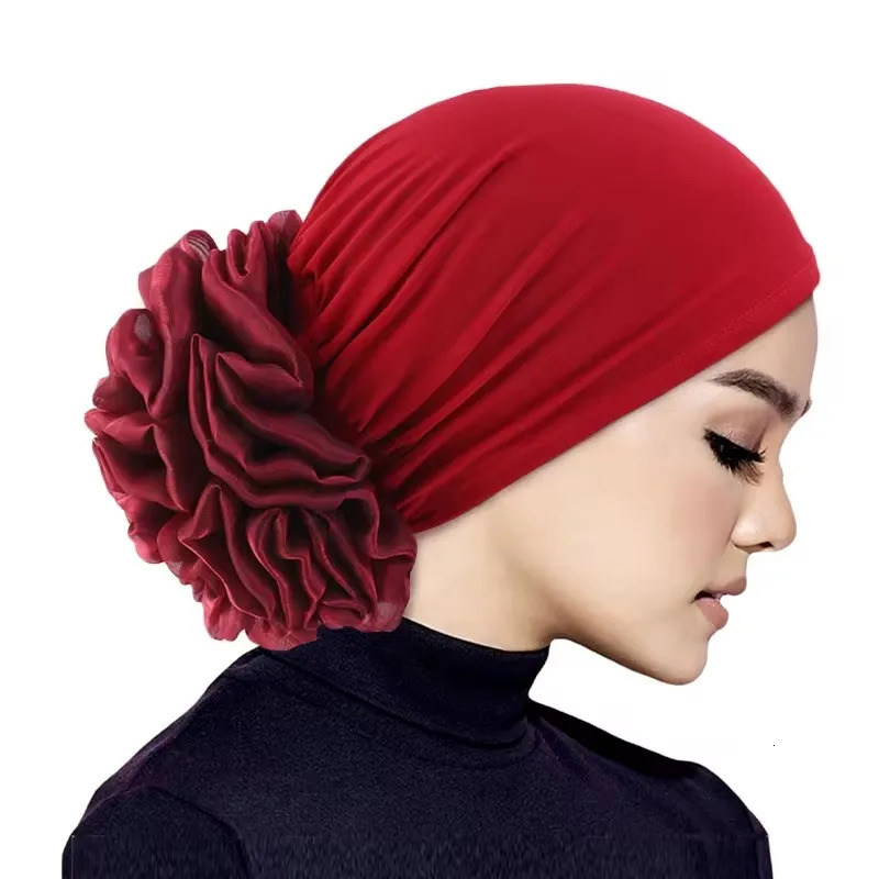 Womens Hijabs Turban Big Flower Elastic Cloth Hair Bands Hat Beanie Ladies Muslim Solid Loss Scarf Cap Accessories 250903
