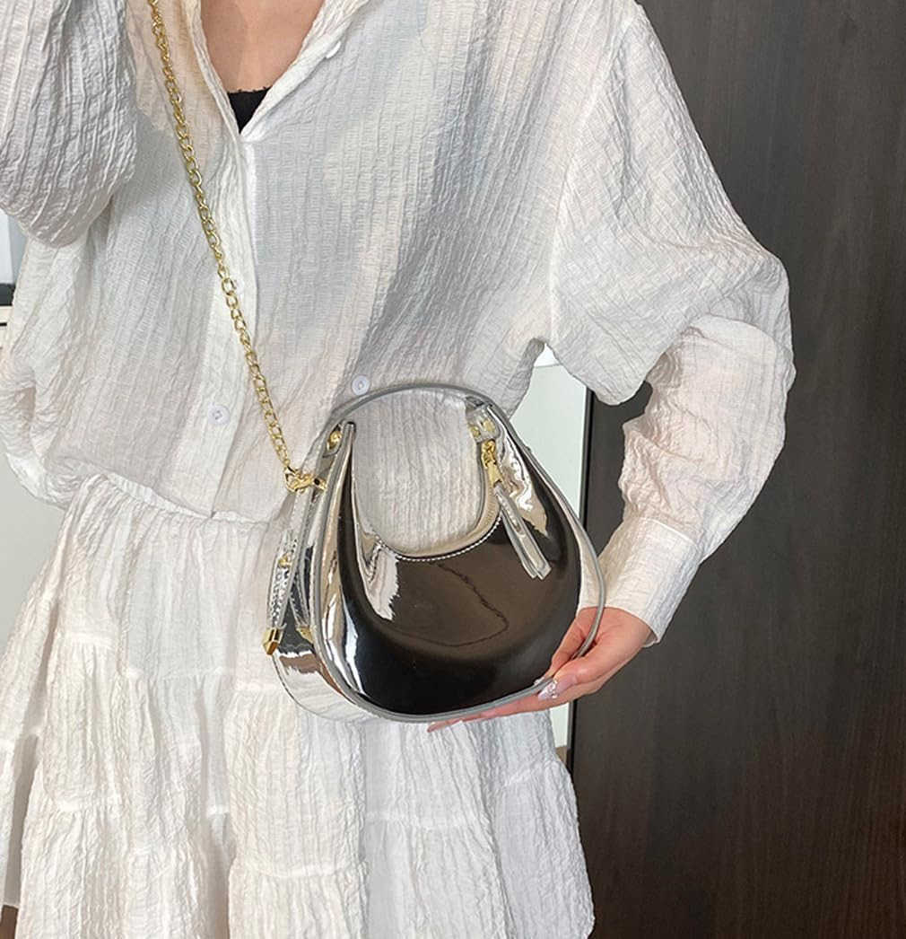 Cute Metallic Purses for Women Stylish Crescent Shoulder Bag Small Gold Crossbody Purse Patent Underarm Moon Bag M250903