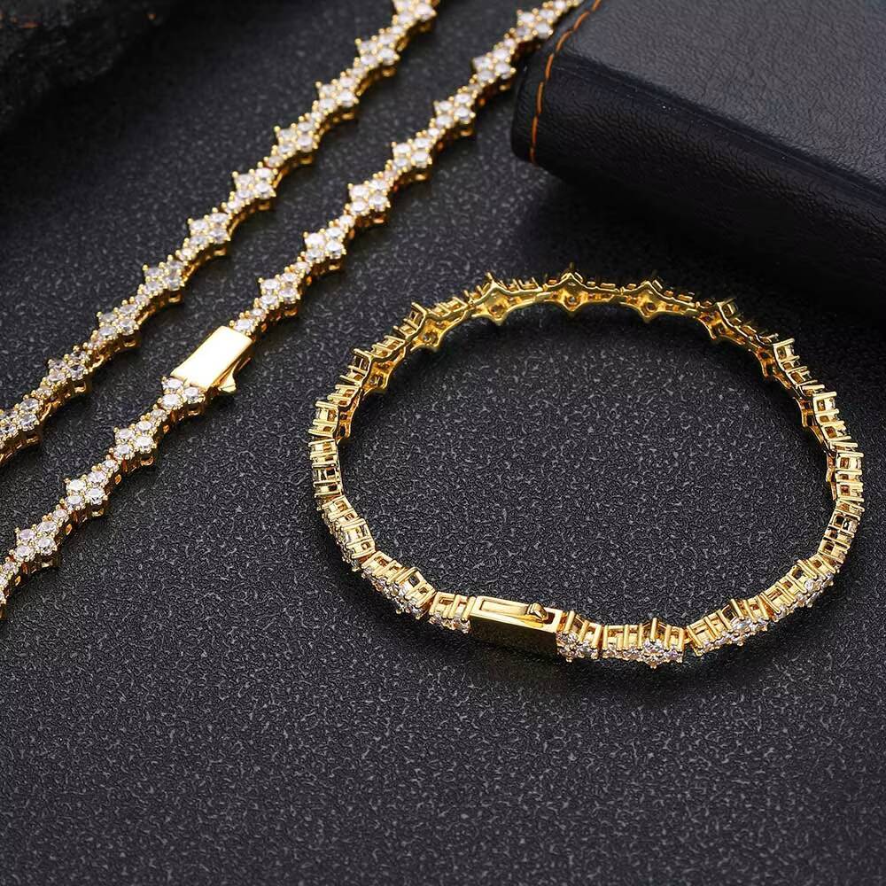 NUOYA Hiphop Jewelry 65mm Lced Out Flower Tennis Chain 18K Gold Plated Micro Pave CZ Diamond Tennis Chain Bracelet
