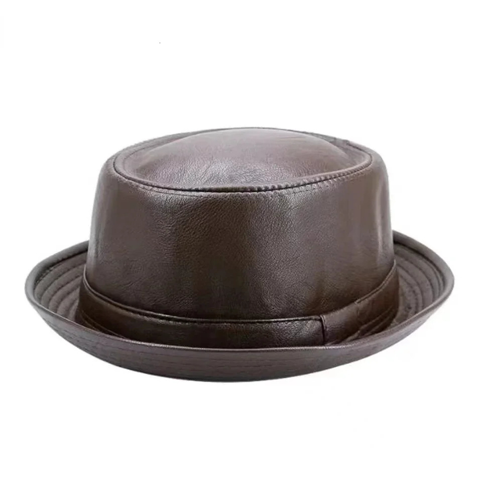 Fashion Men Black Leather Trilby Hat Male Fedora Cap Retro Women Autumn Porkpie Caps Mens Vintage Jazz Hats 250902