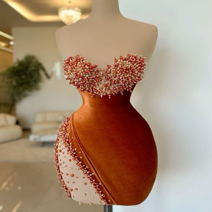 Chic Orange Sheath Cocktail Dress Sweetheart Pearls Velvet Elegant Short Mini Graduation Homecoming Dresses For Special Occasions Sweetheart Gowns