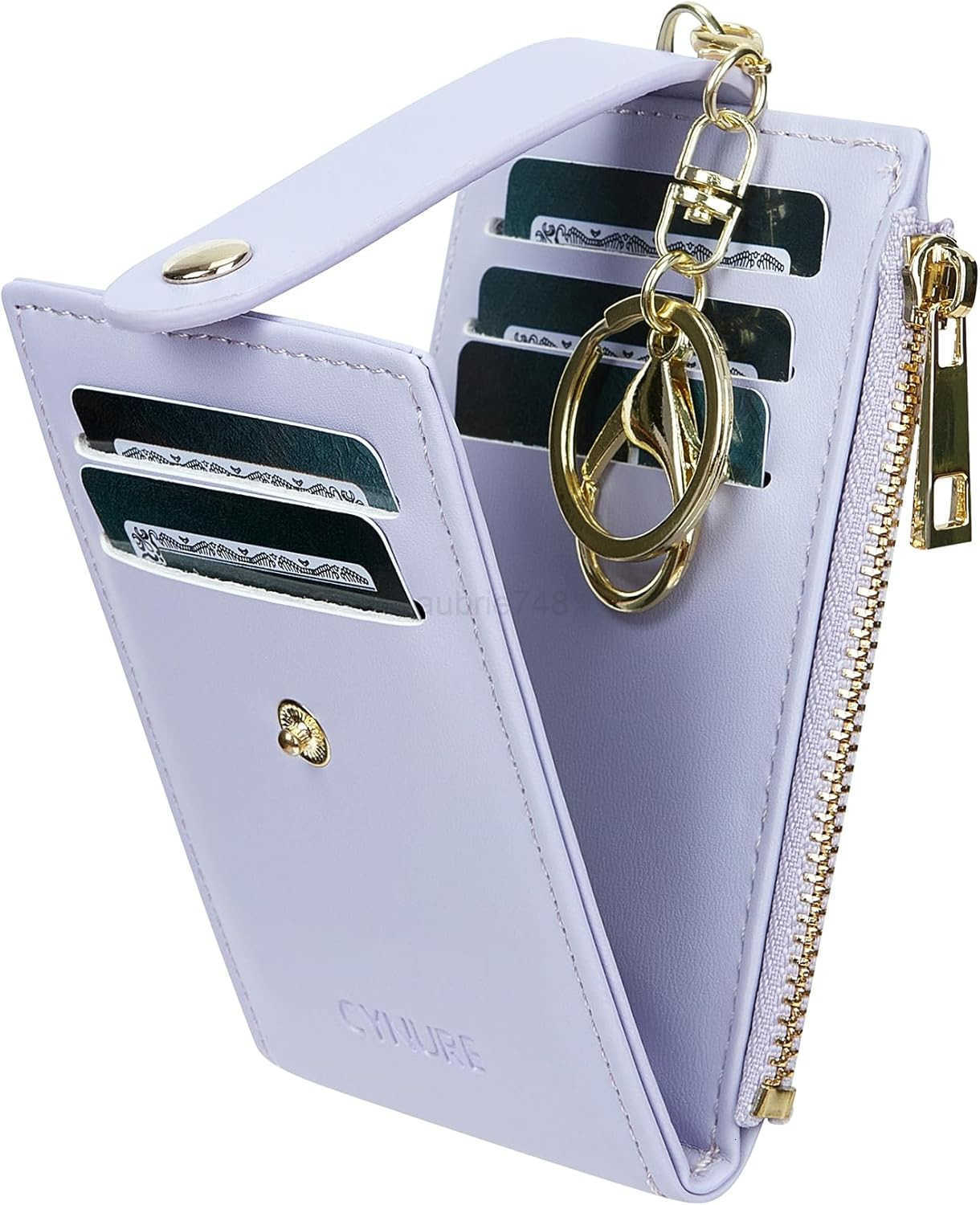Women Men Leather RFID Blocking Card Holder Slim Small Zipper Keychain Front Pocket Wallet with 2 ID Window M250904