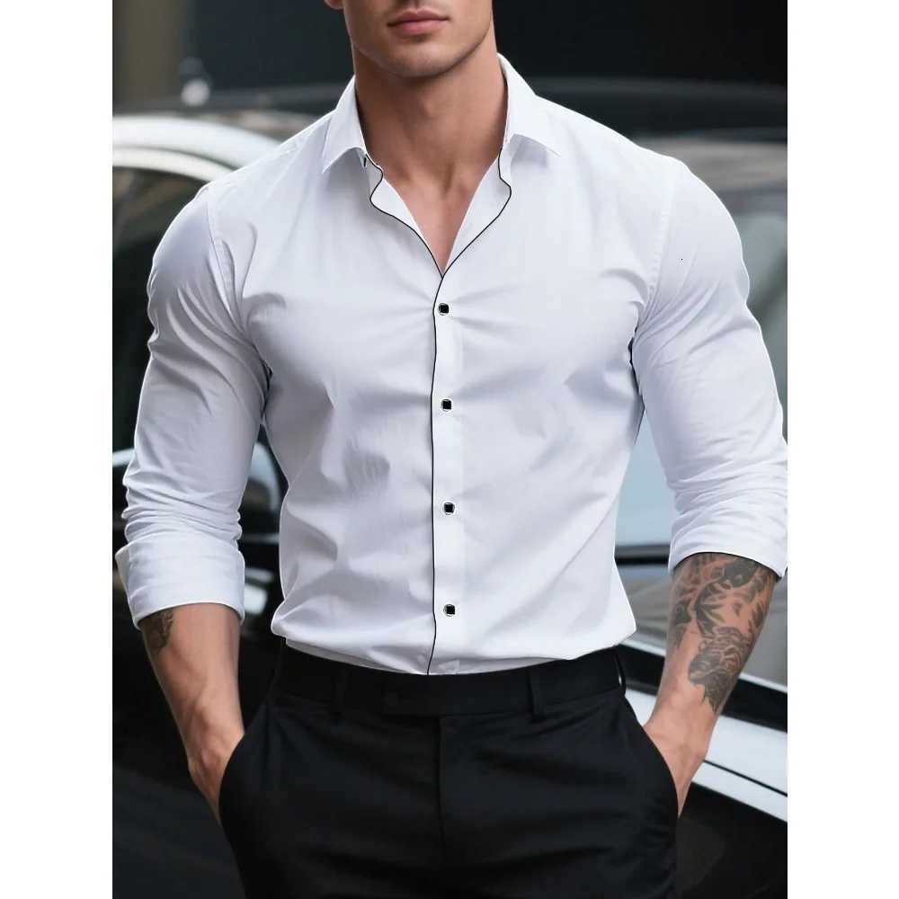 FGKKS New Men White Shirts Fashion Quality Smart Business Long Sleeve Casual Patchwork Elastic Male Dress Shirt X250903