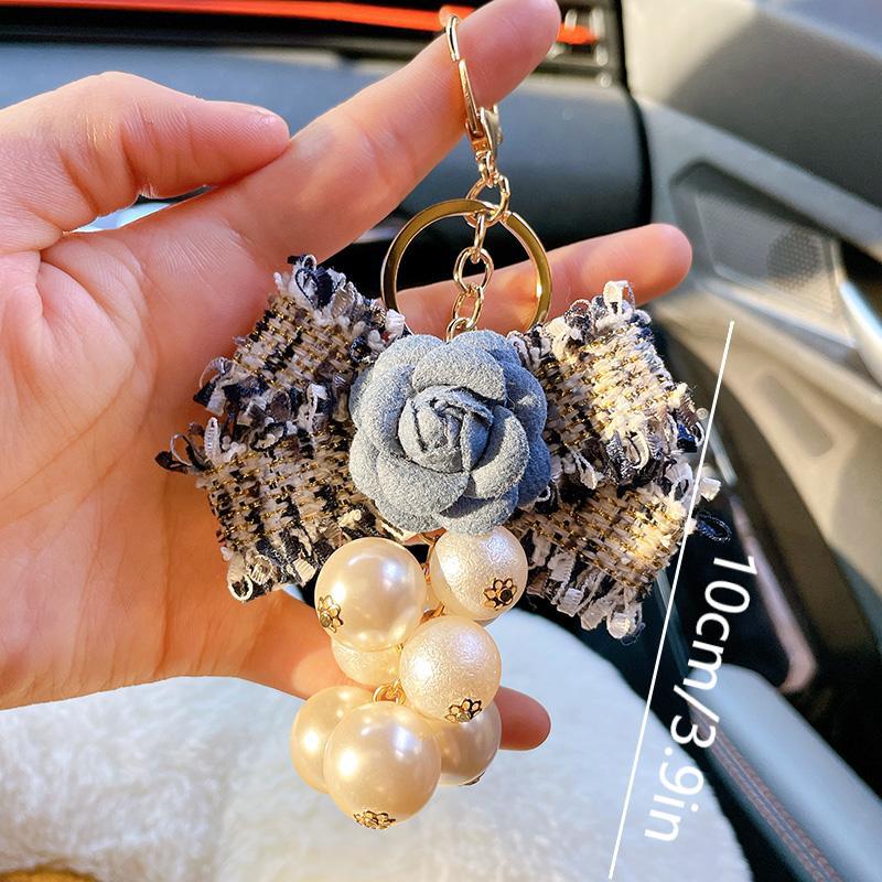 French Classic Black White Bag Charm Camellia Fabric Car Gift Ornament Bow Pearl Chain Keychain
