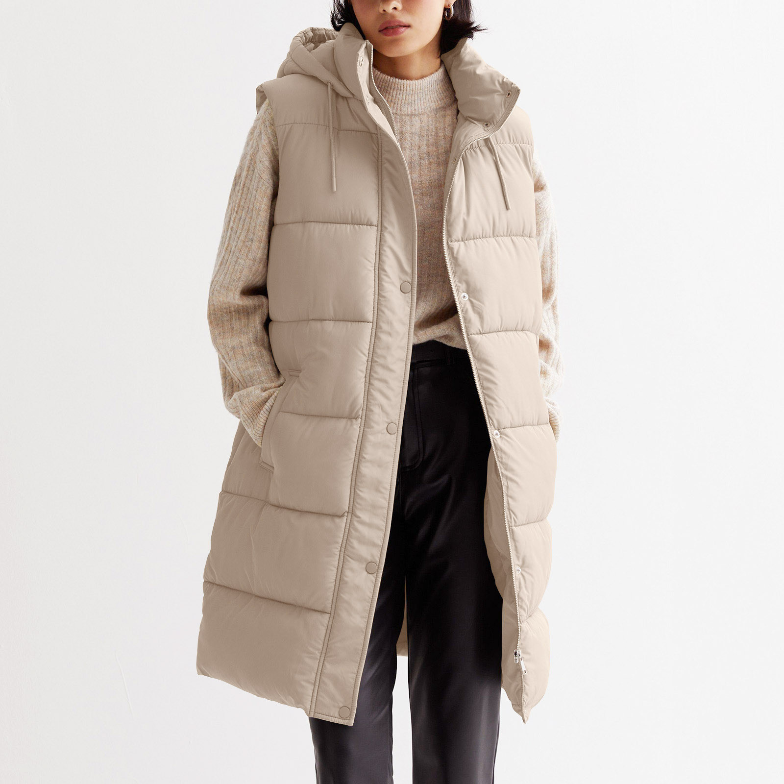 Womens Long Vest Winter Jacket Zip Up Stand Neck Sleeveless Padded Warm Tanks Outwears Ladies Solid Color Hooded Parkas