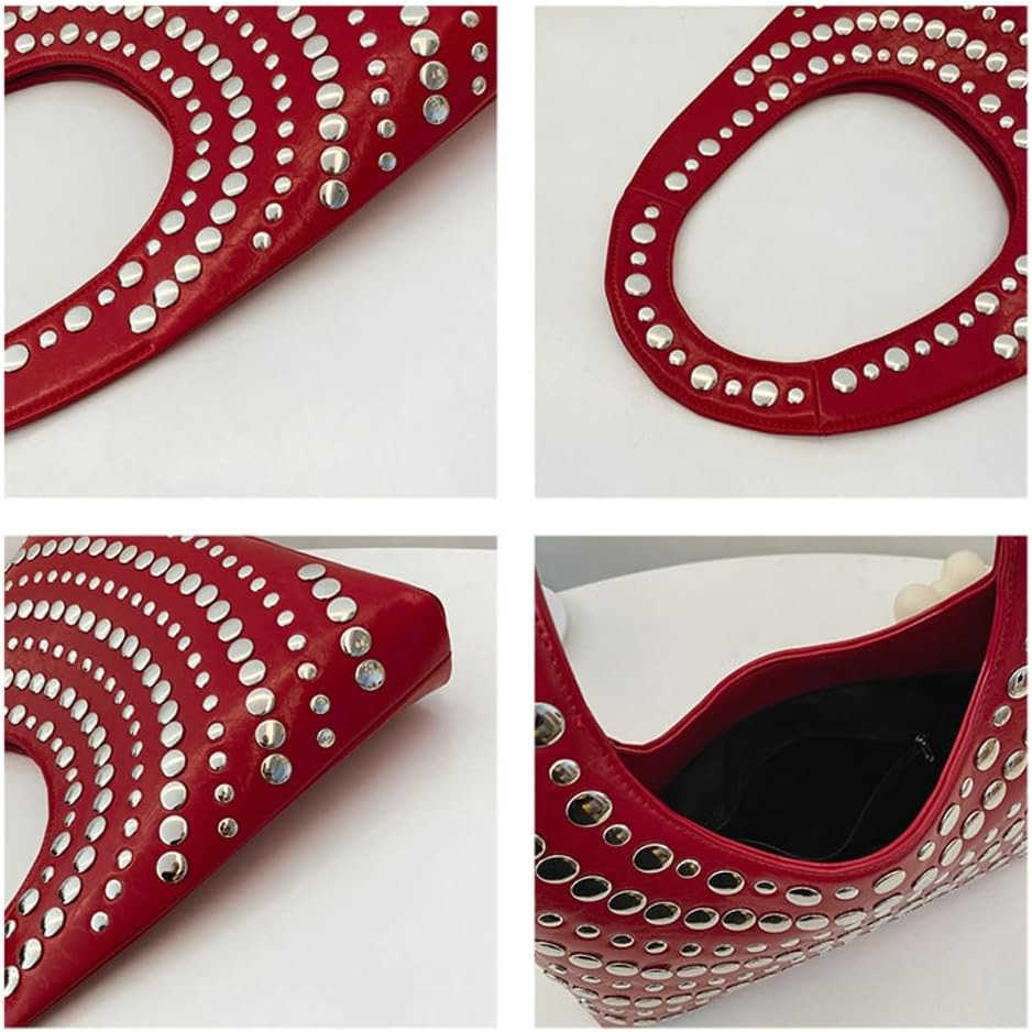 Y2k Crescent Hobo Bag Women 90s Trendy Studded Shoulder Satchels Crossbody Purse PU Leather Punk Underarm Tote Handbag M250903