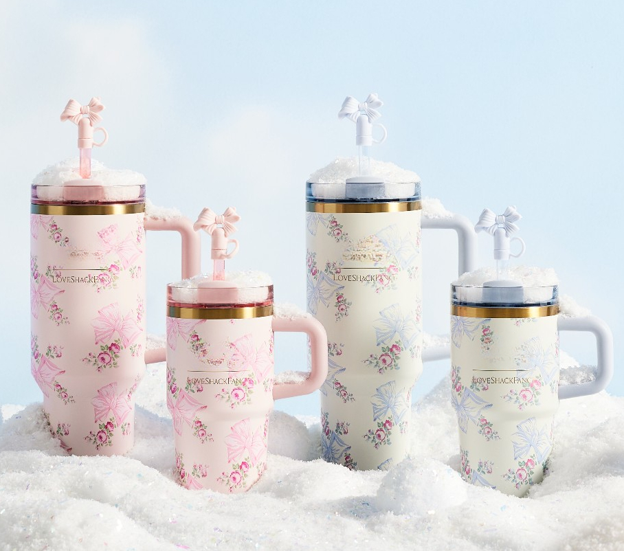 Love Shack Fancy 40oz Cobrand Pink Tumblers Blue Magnolia Rose Lilac Cup 40oz Stainless Steel Mugs with Handle Lid and Straw Touring Car Cup Slate Warm Cool cup