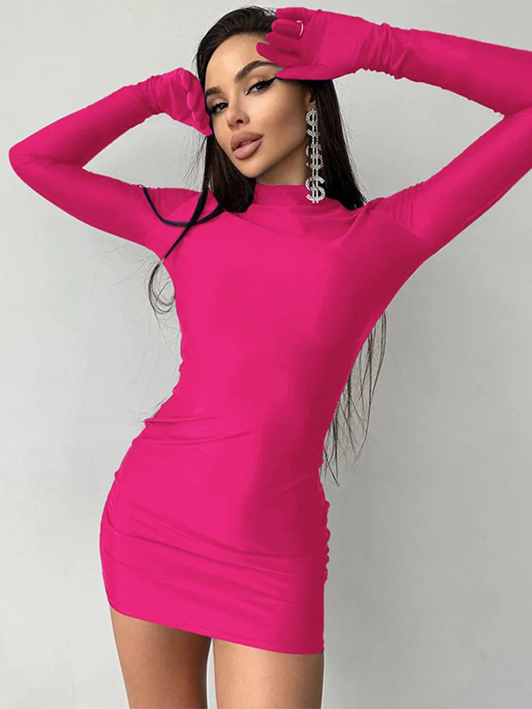 Solid Long Sleeve With Gloves Mini Dress Bodycon Sexy Streetwear Party Half Turtleneck Outfits Y2K Clothes Wholesale 250902