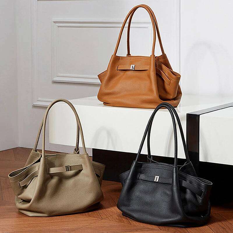 Cowhide Genuine Leather Tote Shoulder Bags For Women 2025 Trend Designer Pleated Work Shopper Underarm Ladies Handbags