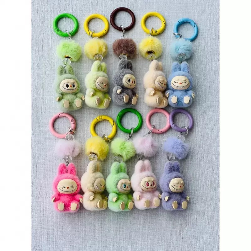 Labubu Mini Flocking Labubu Kaii Particle Keychain Bag Phone Charm Keychain Gift