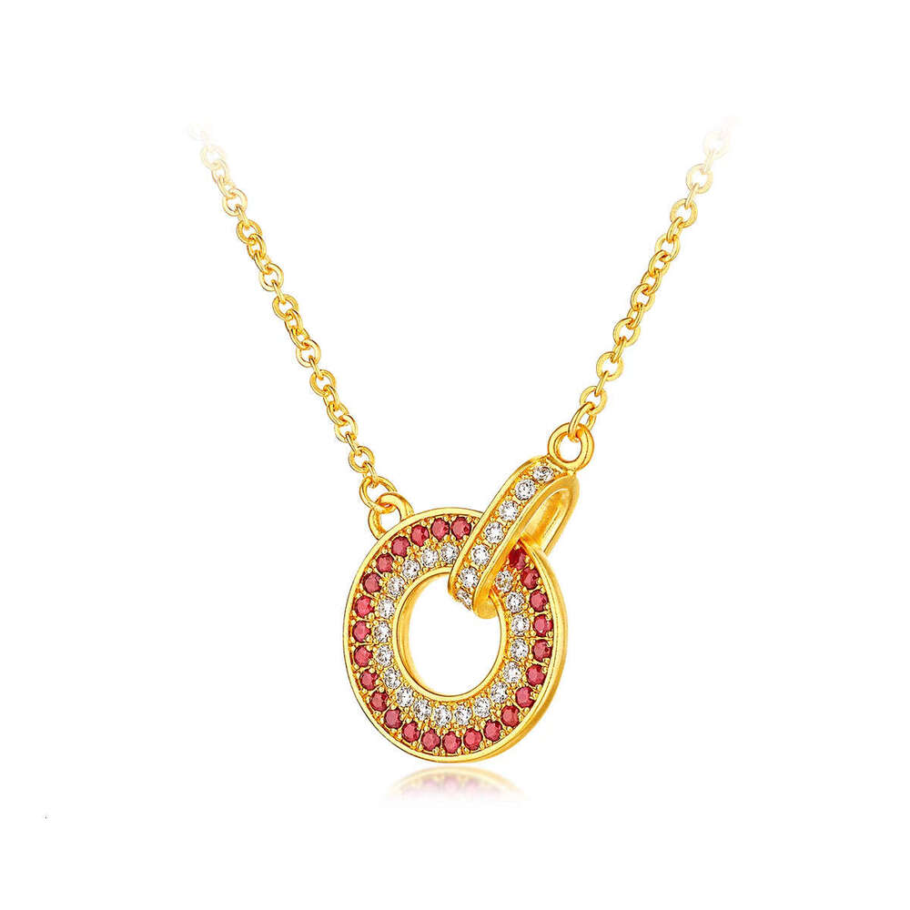 DHpet 2025 New Retro Gold Tang-Style Necklace - Copper Plated, Ruby Interlocking Design, Diamond-Accented Donut Pendant, Collar Chain, Gaojian Brand
