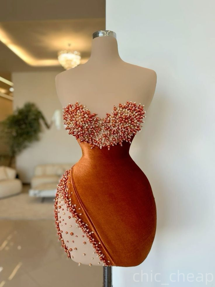 Chic Orange Sheath Cocktail Dress Sweetheart Pearls Velvet Elegant Short Mini Graduation Homecoming Dresses For Special Occasions Sweetheart Gowns