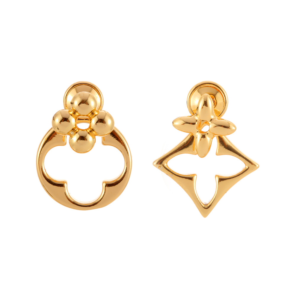 Gold - Toned Asymmetrical Stud Earrings with Floral & Geometric Designs, Chic Elegant Jewelry for Daily or Stylish Looks
