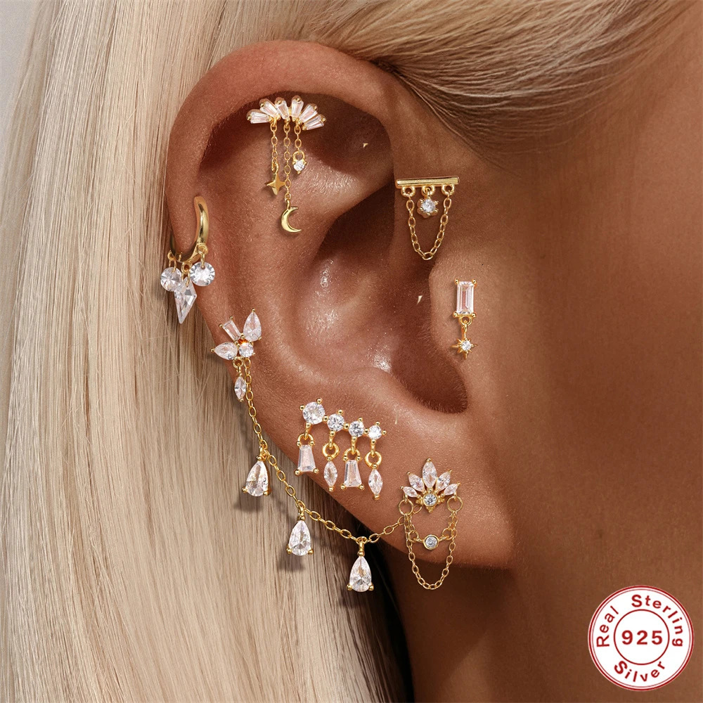 AIDE 925 Silver Chains Stud Earrings For Women Flat Head Threaded Puncture Ear Bone Charms For Studs Hoops Clif Fine Jewelry 1pc 250902