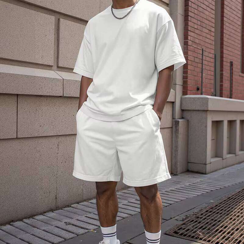 Casual Short Sleeve T-Shirt Men's Long Pants Summer Sports Two-Piece Loose Tracksuit Solid Color Set