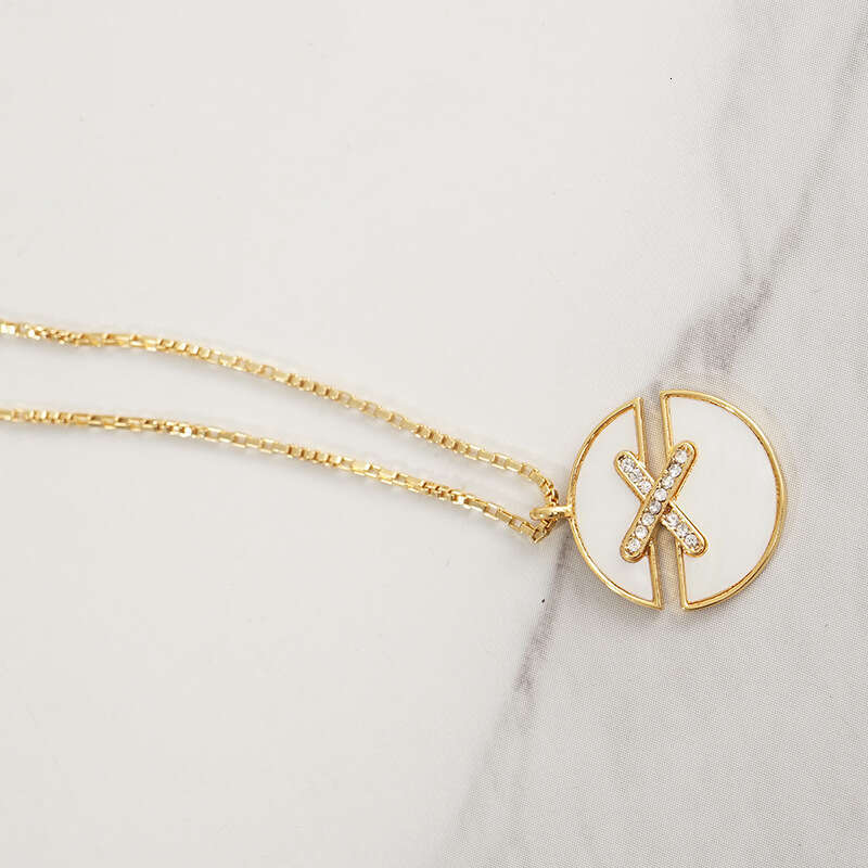 DHpet 2025 New White Mother of Pearl Collar Necklace - 18K Gold Plated, Zircon Inlay, Round Cross Design, Bamboo Chain, Lvyuan Brand for Women